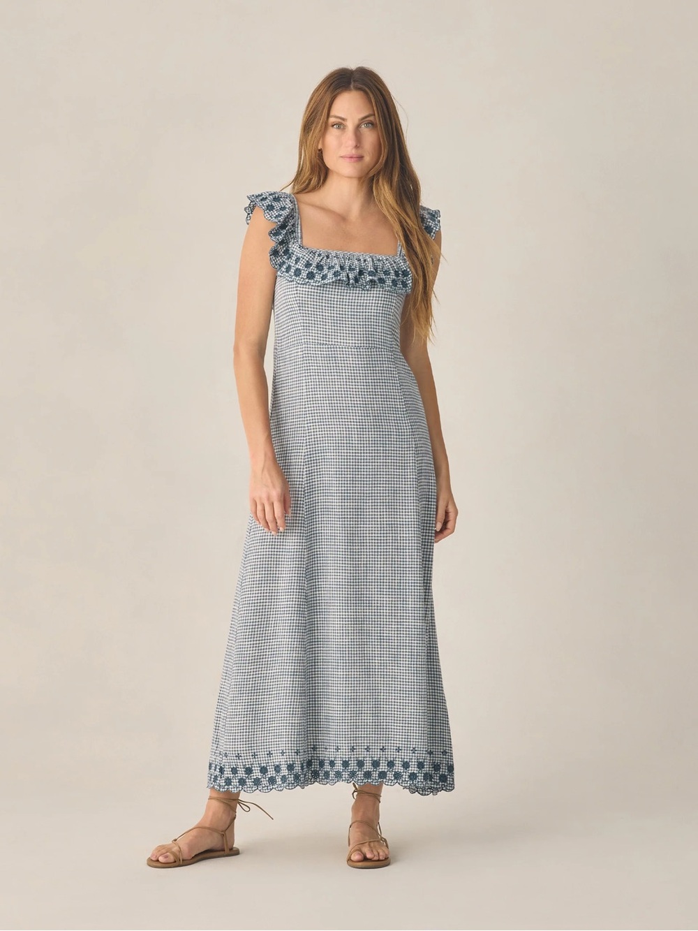 Rylee + Cru Blue and White Gingham Maxi Dress with Ruffle Trim